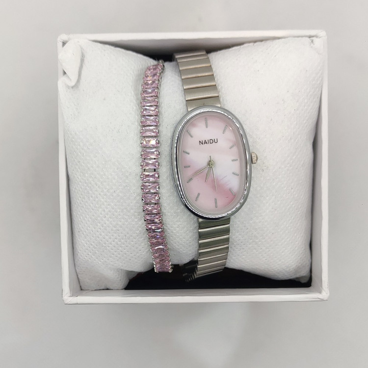 ست ساعت استیل ضدزنگ و دستبند نگینی براق مناسب بانوان