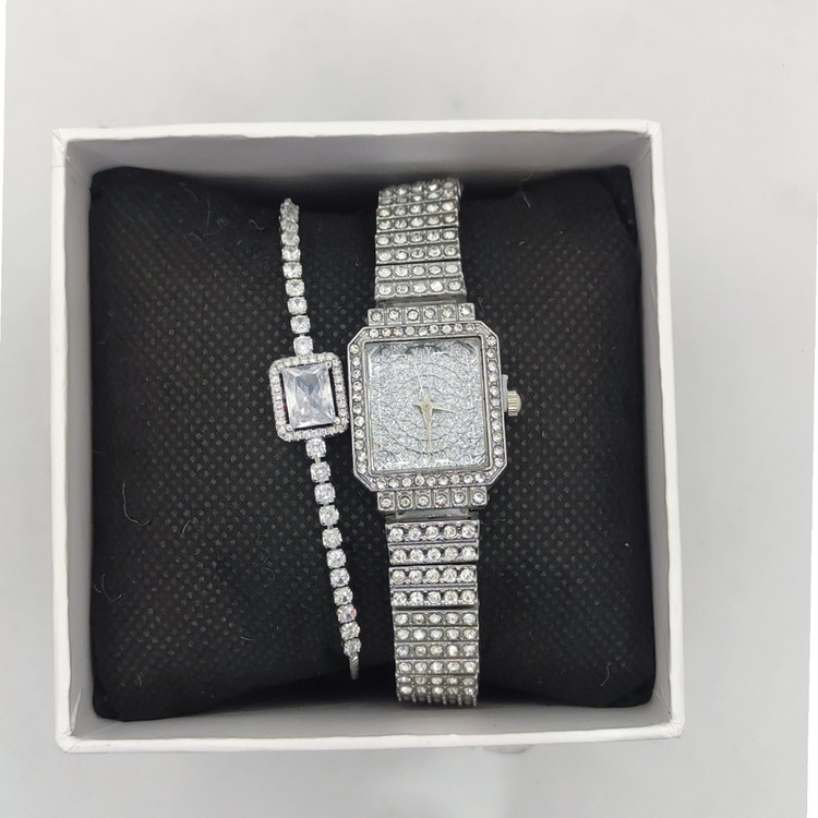 ست ساعت و دستبند تمام نگین دار براق مناسب بانوان