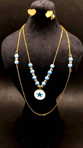 ست گردنبند و گوشواره زنانه طرح ستاره و قلب با مهره های آبی فیروزه ای