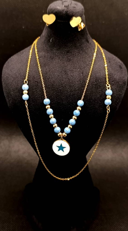 ست گردنبند و گوشواره زنانه طرح ستاره و قلب با مهره های آبی فیروزه ای