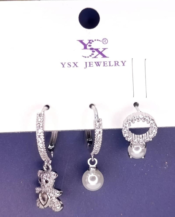 گوشواره سه تایی نگینی آویزدار طرحدار توپکی و خرسی