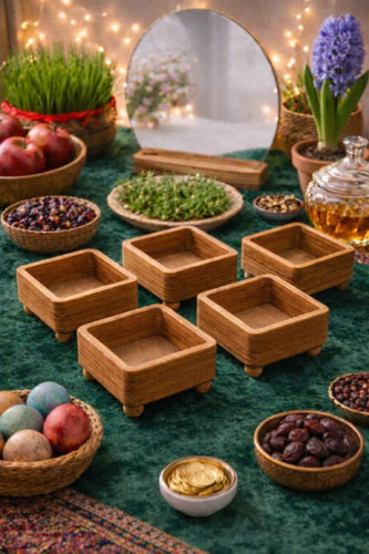 🎊هفت سین چوبی مربع پایه دار ( بدون آینه ) - کیفیت و تمیزی کار عالی - روغن ۱۰۰ درصد گیاهی - ابعاد:۹*۹ - مناسب برای استفاده های مختلف - جنس:چوبی پلای روس ۳۶میل / کف سابی شده