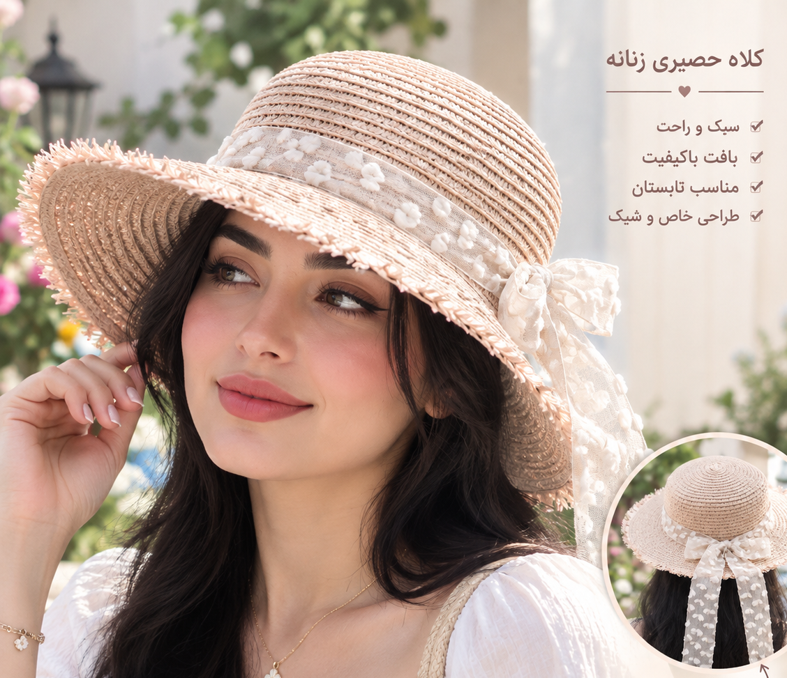 کلاه حصیری مناسب استایل تابستانی و عکاسی رنگ صورتی روشن