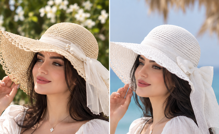 کلاه حصیری مناسب استایل تابستانی و عکاسی ( موجودی حاضر دو رنگ سفید و کرمی)